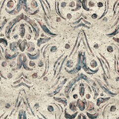 Chic formal grungy damask texture seamless pattern. High quality illustration. Ornate flourish baroque design in a trendy posh exotic style. Grainy fabric texture overlay.