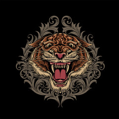 Angry Tiger Head Logo with ornament swirl illustrations for your work merchandise clothing line, stickers, and poster, greeting cards advertising business company or brands