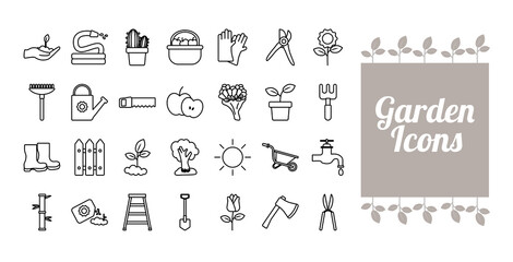 lettering with bundle of gardening tools line style icons