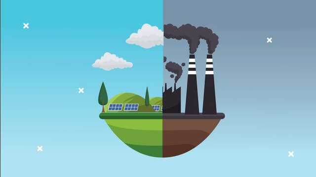 lets save the world animation with polluting city and green city scenes