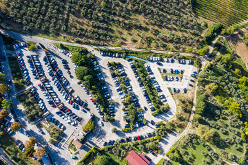 Aerial view of a parking lot outside of San Gimignano. Tuscany, Italy.