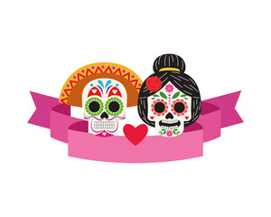 couple head skulls dia de los muertos icon