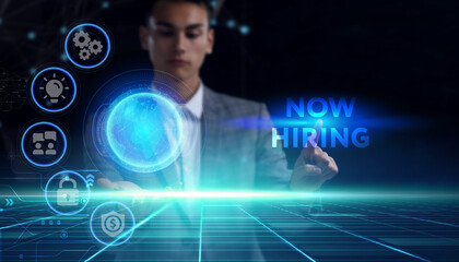 Business, technology, internet and network concept. Young businessman thinks over the steps for successful growth: Now hiring