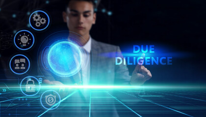 Business, technology, internet and network concept. Young businessman thinks over the steps for successful growth: Due diligence
