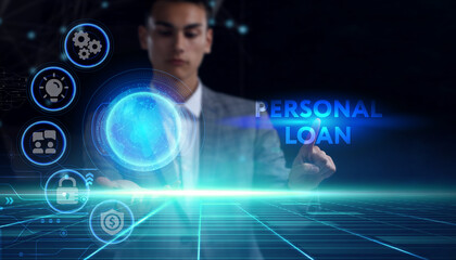 Fototapeta premium Business, technology, internet and network concept. Young businessman thinks over the steps for successful growth: Personal loan