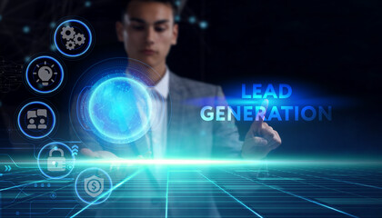 Business, technology, internet and network concept. Young businessman thinks over the steps for successful growth: Lead generation