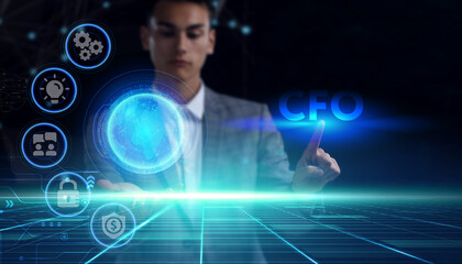 Business, technology, internet and network concept. Young businessman thinks over the steps for successful growth: CFO
