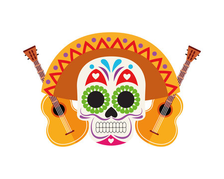 traditional mexican skull head with maricahi hat and guitars