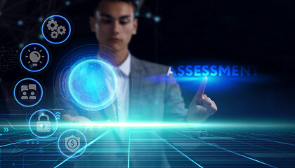 Business, technology, internet and network concept. Young businessman thinks over the steps for successful growth: Assessment