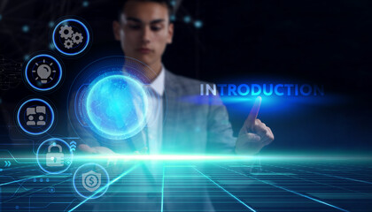 Business, technology, internet and network concept. Young businessman thinks over the steps for successful growth: Introduction