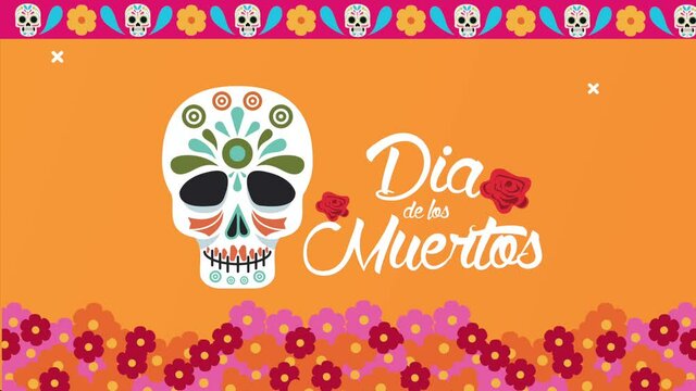 dia de los muertos lettering celebration with skull and floral frame