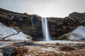 Iceland travel shot, close-up of waterfall on mountain