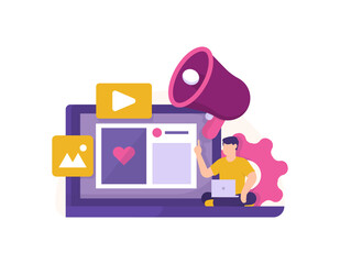 the concept of product content management on social media. illustration of a laptop, a man sits using a notebook, megaphone, and gear. video, image and heart symbols. digital marketing manager. flat