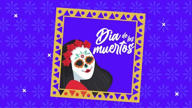 dia de los muertos lettering celebration with katrina skull in square frame