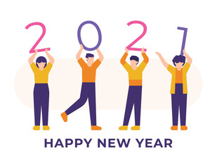 happy new year 2021. illustration of people or women and men holding and lifting numbers 2021. celebration party or annual event. flat and minimalist style. can be used for calendar design elements