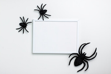 Mock up flat lay of black spiders and frame on bright background from above. Halloween and Thanksgiving greeting card holiday concept with copy space