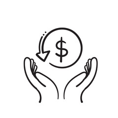 hand drawn hand and money symbol for cashback icon, return money, cash back rebate, thin line web symbol on white background in doodle