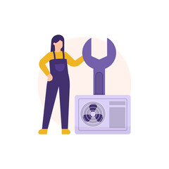 illustration of an repairman standing holding a spanner to repair air conditioning. professions and jobs. appliance repair specialist or technician. flat style. design elements