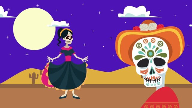 dia de los muertos celebration with skulls couple and moon scene