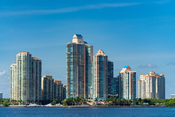 Fototapeta na wymiar City of Aventura waterfront buildings shot with telephoto lens