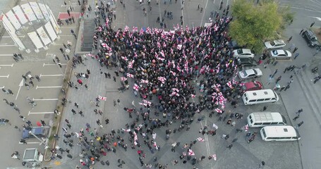 Top Aerial overhead shot on Protesting people manifestation in Tbilisi