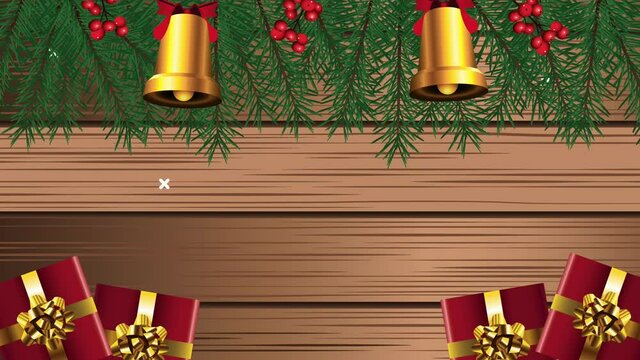happy merry christmas with bells and gifts in wooden background