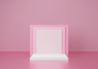 Box podium in pink colors. Abstract background to show cosmetic products. Minimal scene with geometrical forms. 3d render