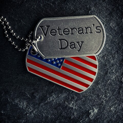 US military soldier's dog tags engraved with Veteran's Day text and in the shape of the American flag.