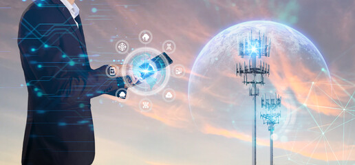 digital marketing concept, business man point hand to interface of communication cloud technology to connect data in world network by using 5g . futuristic technology connect communication network