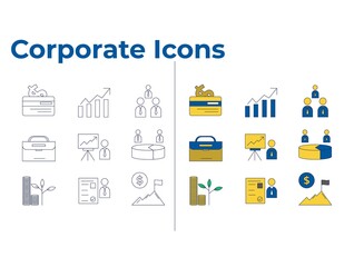 Corporate Icon Set with credit card, growth, meeting, brief case, presentation, pie chart, investment, resume, financial goal icons