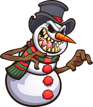 Scary cartoon evil snowman wearing a top hat. Vector clip art illustration with simple gradients. All on a single layer. 
