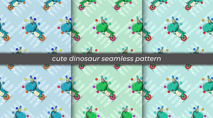 set of cute dinosaur cartoon riding a unicycle seamless pattern