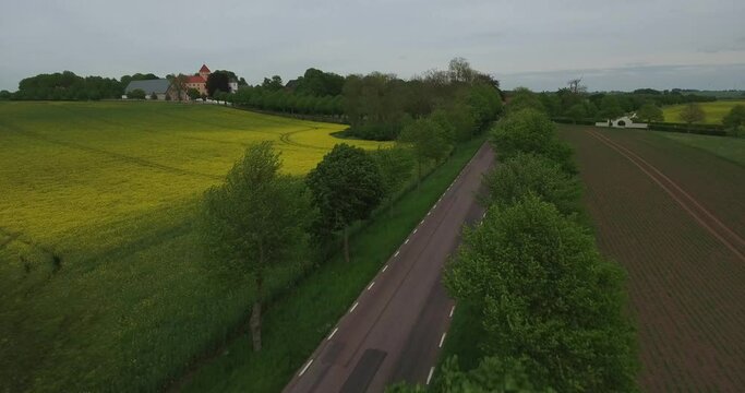 Flying Above Moving Trees By Countryside Road in South Sweden Sk&aring;ne, &Ouml;sterlen Tosterup, Aerial Medium Foward