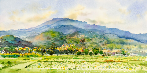 Watercolor landscape painting colorful of mountain range with farm cornfield. © Painterstock