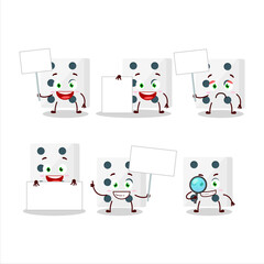 White dice cartoon character bring information board