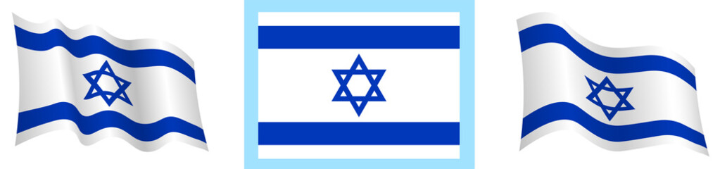israel flag in static position and in motion, developing in wind in exact colors and sizes, on white background
