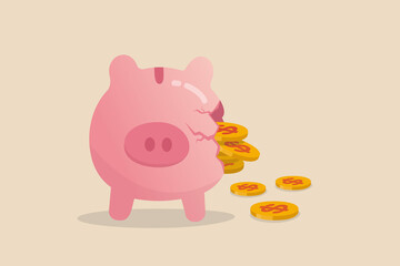 Money loss from investment failure, bad habit problem in personal finance, debt crisis or inflation money reduction concept, depress sadness broken pink piggy bank with money dollar coins pouring out.