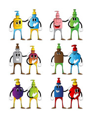Cartoon bottles of hand sanitizer gel for hygiene  with face comforting another.