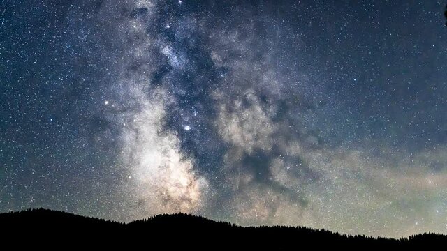 Time Lapse Of Milky Way, moving stars, full moon and meteors during dark night.Astrophotography shot.