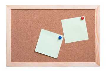 Paper notes sticky in Cork board. note papers on an old wood frame.