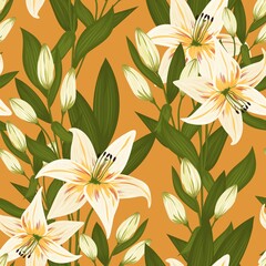 Vintage flowers and leaves. A bouquet of lilies. Seamless patterns. Pastel colors. Isolated vector illustrations.