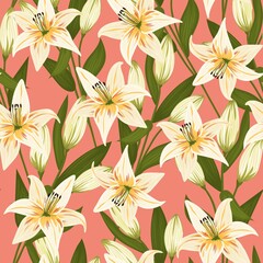 Vintage flowers and leaves. A bouquet of lilies. Seamless patterns. Pastel colors. Isolated vector illustrations.