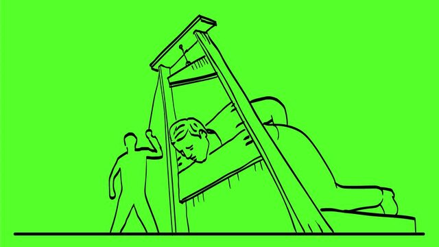 2d Animation motion graphics drawing of a man or convict in guillotine execution by beheading or decapitation on white, black and green screen in HD high definition.