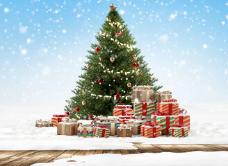 christmas festive background 3d-illustration, outdoor snow on wooden floor