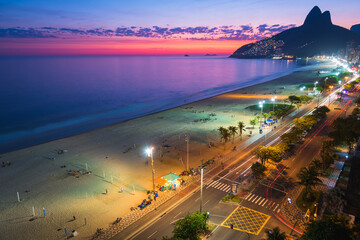 High Angle View of Ipanema Beach at Night Just After Sunset in Rio de Janeiro, Brazil