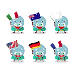Snowball with snowfall cartoon character bring the flags of various countries