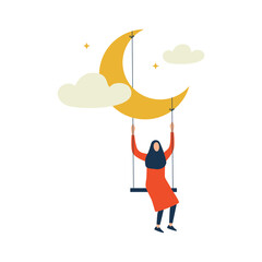 Happy ramadan kareem, woman playing swing on crescent moon
