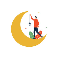 Happy ramadan kareem, man hold lantern on crescent moon