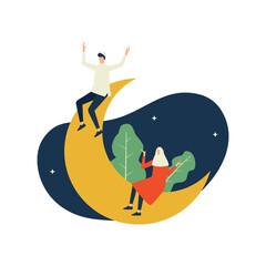 Fototapeta premium Happy ramadan kareem, man and woman on crescent moon