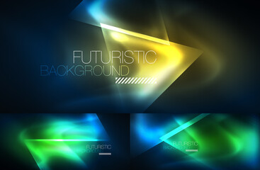 Set of glowing neon triangles designs, geometric abstract backgrounds. Vector illustrations for covers, banners, flyers and posters and other